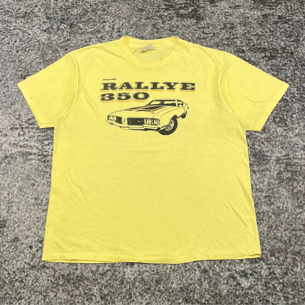 VTG Oldsmobile Cutlass Rallye 350 T Shirt Mens XL Yellow Hanes Heavyweight 90s